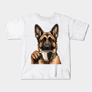 German Shepherd Drinking Coffee Kids T-Shirt